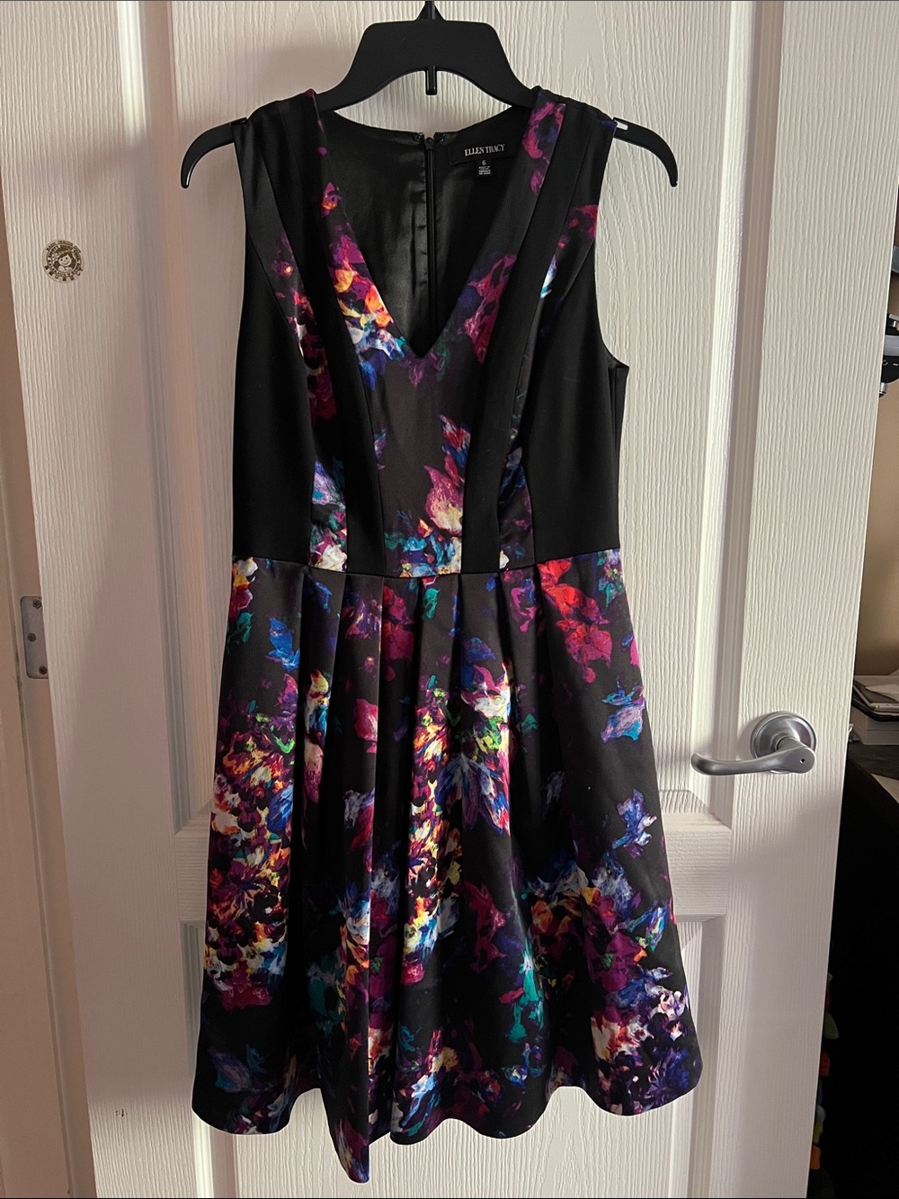 Ellen Tracy Black Floral Fit-and-Flare Midi Dress WITH POCKETS!